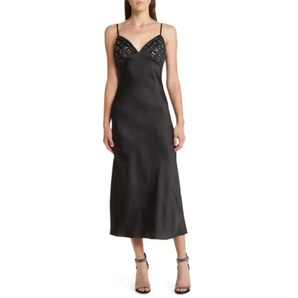Floret Studios NWT Sequin Detail Satin Slipdress Spaghetti Straps Beaded Midi XS